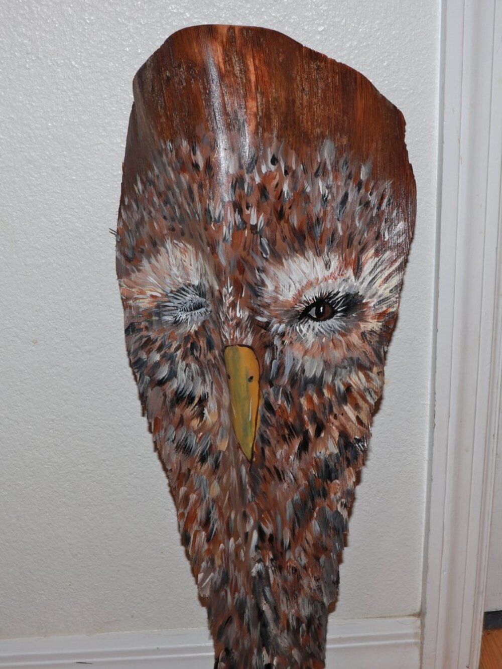 Vintage Hand Painted Owl Bark Wood Tree Slice Wall Decor 24"